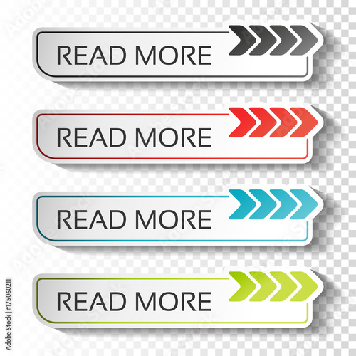 Vector read more buttons with arrow pointer. Black, blue, red and green labels. Stickers with shadow on transparent background for business, information page, menu, options, navigation.
