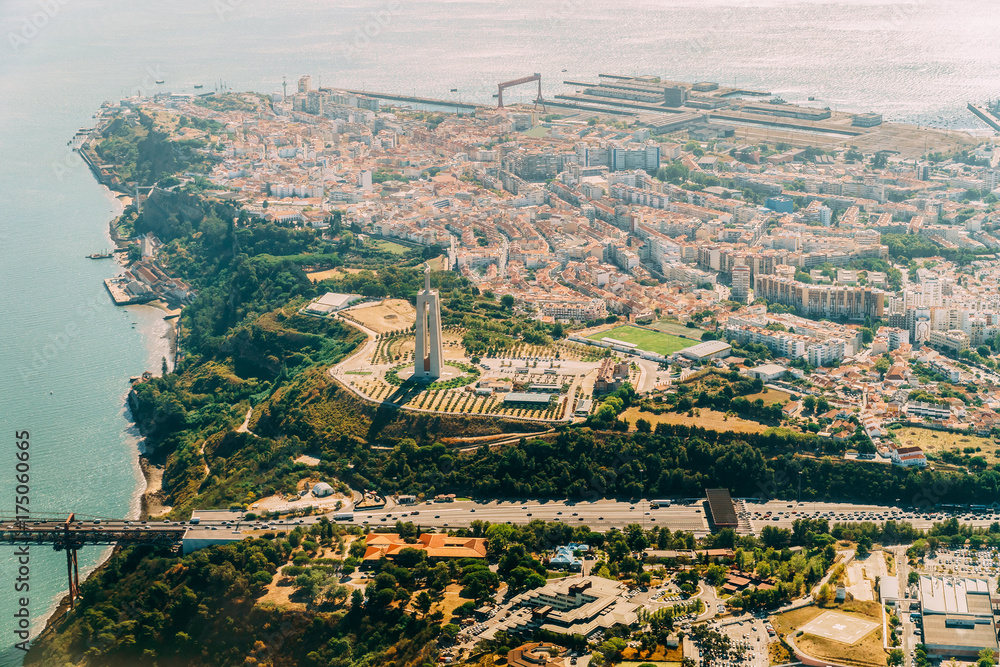 Aerial Airplane View Of Lisbon City In Portugal