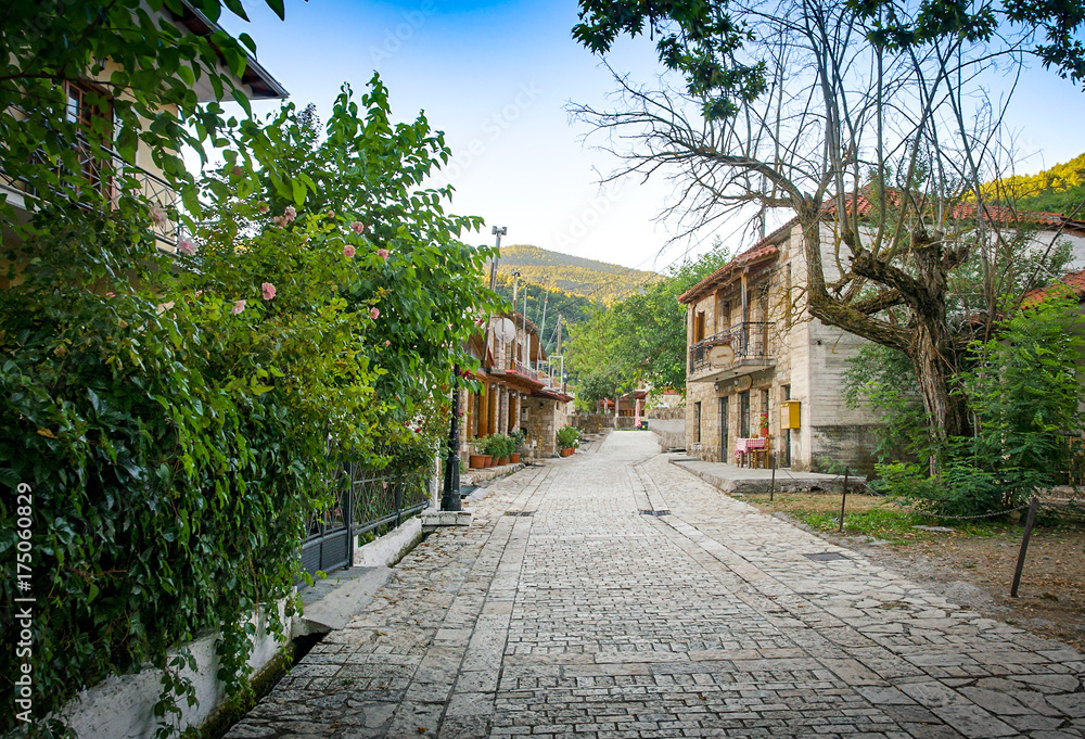 Street with houses in Zarouhla village in Greece.