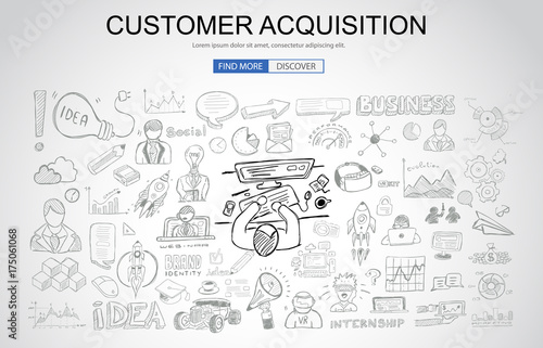 Customer Acquisition concept with Business Doodle design style: online presence, sales and offers, best communication