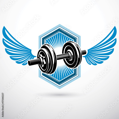 Dumb-bell with disc weight vector illustration created using wings. Gym power lifting sport equipment for heavy load pumping and weightlifting.