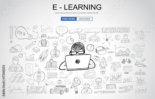 E Learning concept with Business Doodle design style: online formation