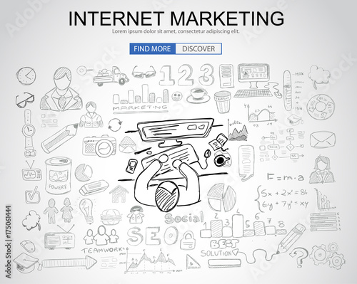Internet Marketing concept with Business Doodle design style: online carts, sales and offers, best timing.