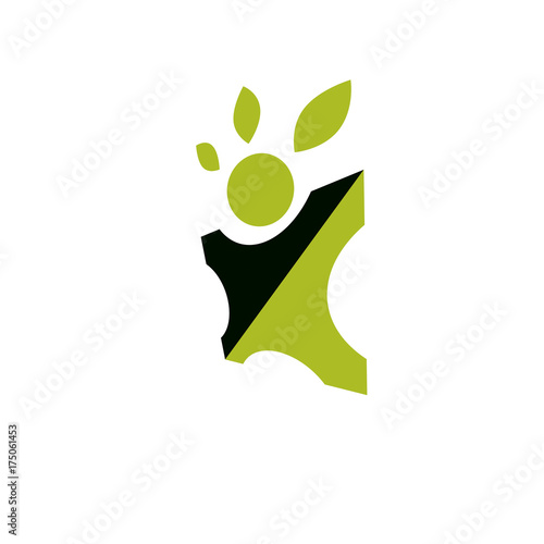Vector illustration of excited abstract person with raised hands up. Go green idea creative logo. Vegetarian theme icon. Wellness and harmony symbol.