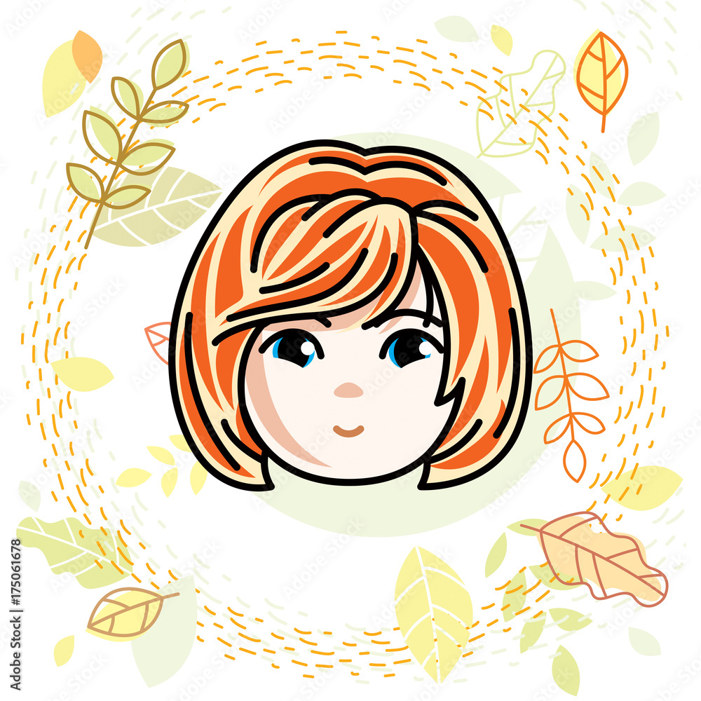 Girls face, human head. Vector character, beautiful red-haired teenager with stylish haircut. Girls face, human head. Vector character, beautiful red-haired teenager with stylish haircut.