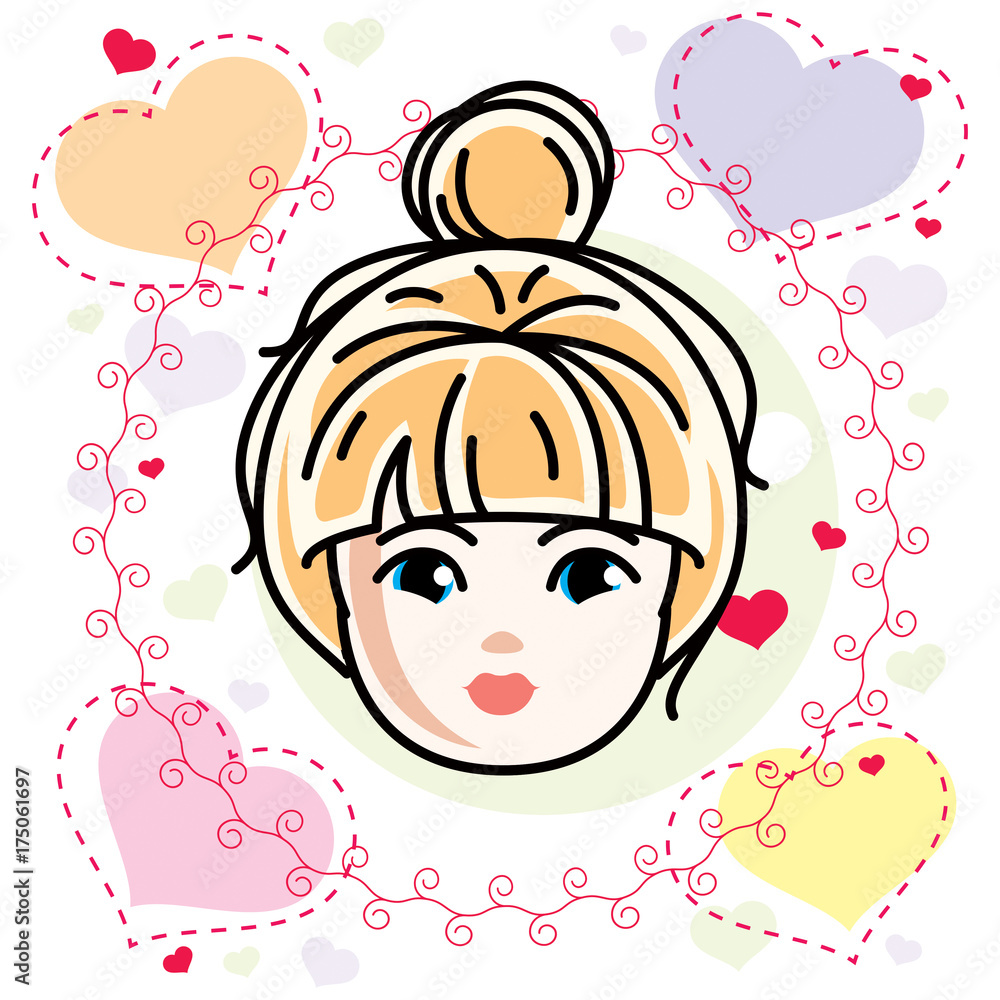 Vector illustration of beautiful blonde girl face, positive face features, romantic style clipart. Vector illustration of beautiful blonde girl face, positive face features, romantic style clipart.