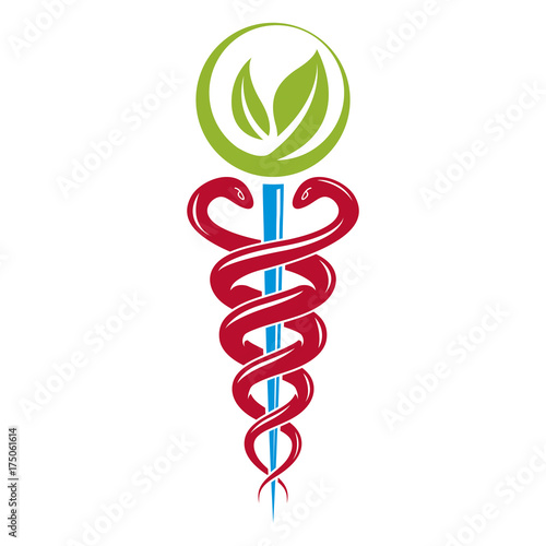 Aesculapius vector abstract illustration created using snakes and green leaves, Caduceus symbol. Healthy lifestyle is strong heart.