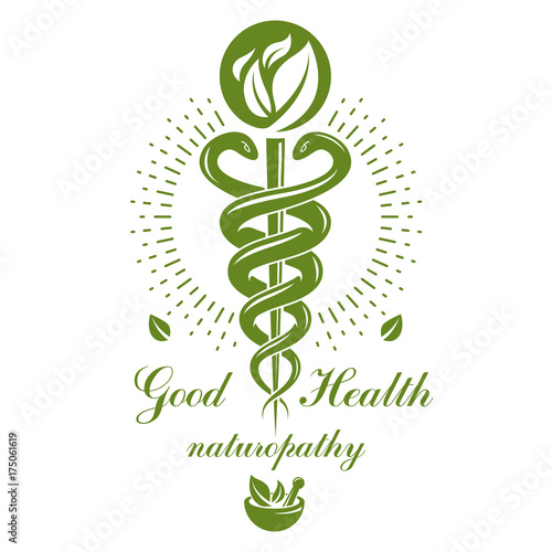 Caduceus vector conceptual emblem created with mortar and pestle. Wellness and harmony metaphor. Alternative medicine concept, phytotherapy logo.