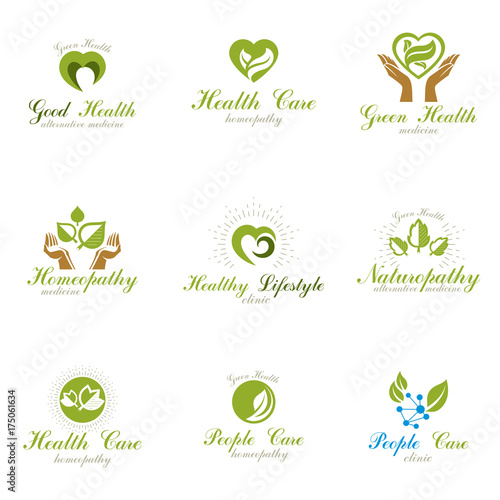 Homeopathy creative symbols collection. Naturopathy conceptual vector emblems created using green leaves, heart shapes, religious crosses and caring hands.