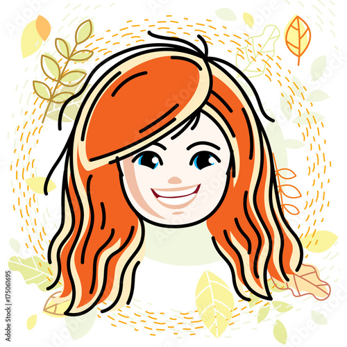 Cute girls face, human head. Vector redhead character, smiling girl face features.