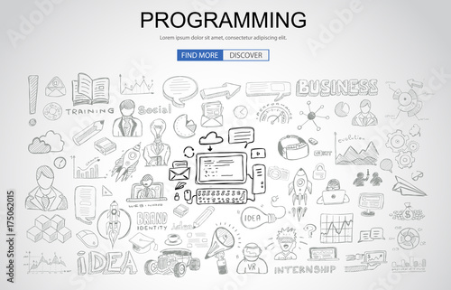 Programming concept with Business Doodle design style: online resources, coding skills, elearning tips.