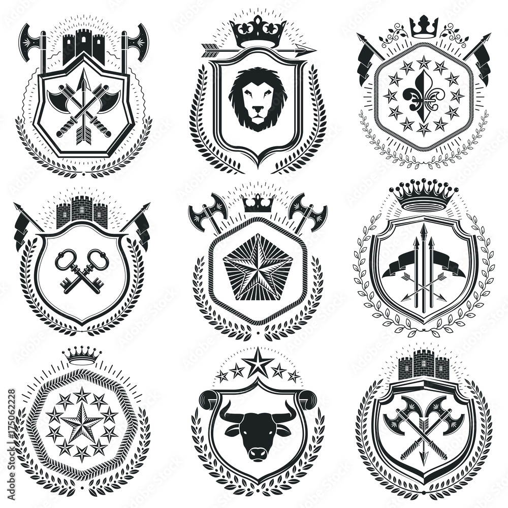 Fototapeta premium Luxury heraldic vectors emblem templates. Vector blazons. Classy high quality symbolic illustrations collection.