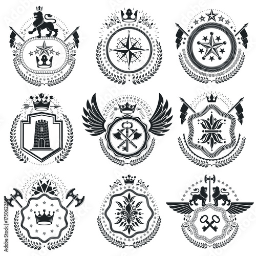 Heraldic Coat of Arms decorative emblems isolated vector illustrations. Vintage design elements collection.