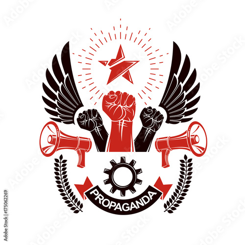 Vector leaflet created using clenched fists raised up, megaphone equipment and engineering cog wheel element. Dictatorship and manipulation theme, totalitarianism as the evil power.