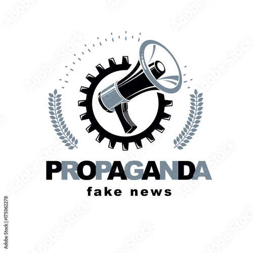 Loudspeaker vector logo isolated on white and surrounded by industrial cog wheel. Propaganda as the means of global manipulation and control.