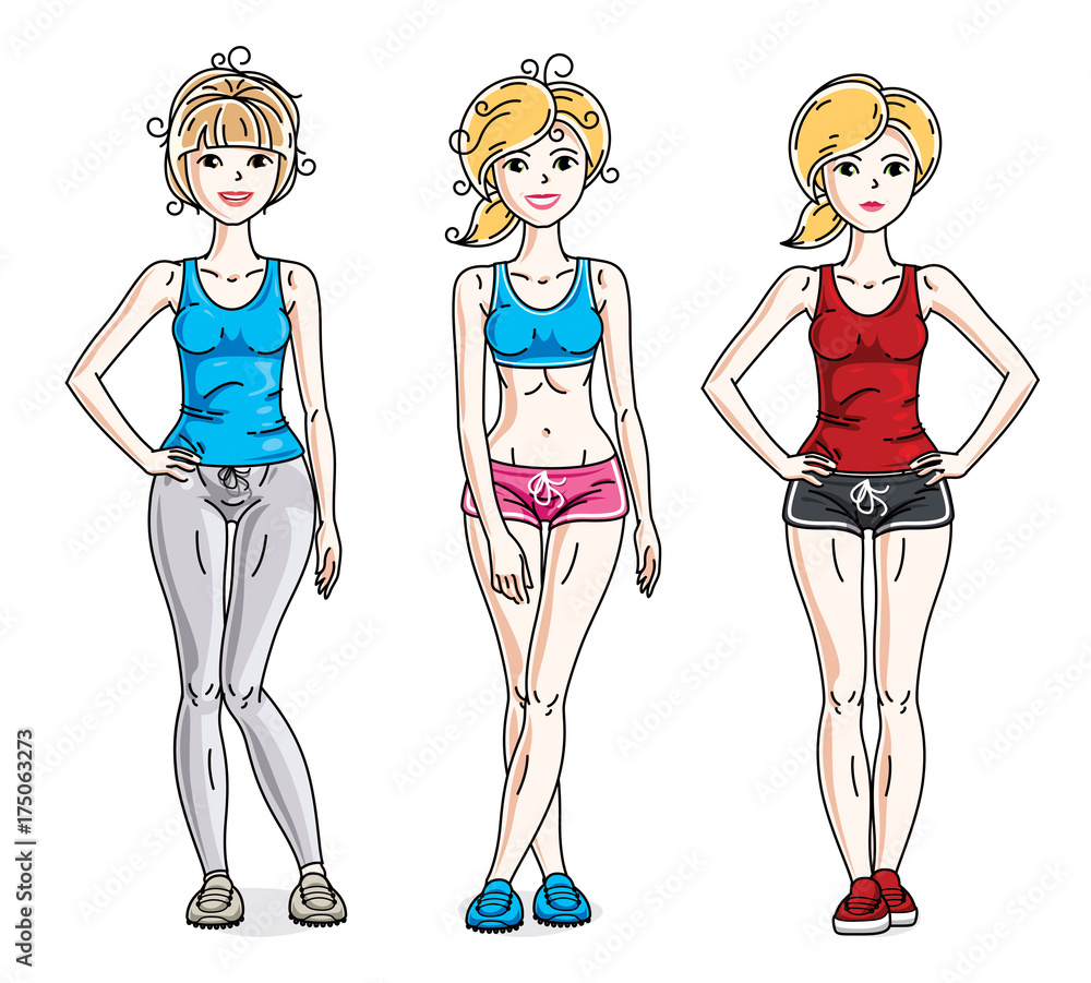 Attractive young women posing wearing stylish sport clothes, sportswoman and fitness people. Vector characters set. Lifestyle theme fem characters. Attractive young women posing wearing stylish sport clothes, sportswoman and fitness people. Vector characters set. Lifestyle theme fem characters.