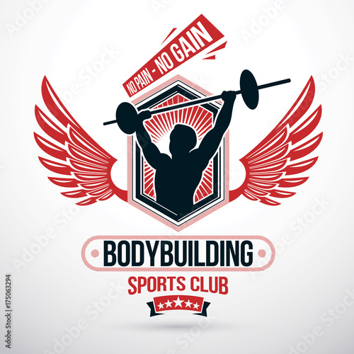 Vector winged symbol composed using muscular athlete holding barbell. Weight-lifting gym conceptual symbol