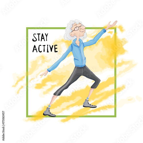 Elderly gray-haired man practicing Taiji or Wushu gymnastics in nature. Active lifestyle and sport activities in old age. Template of poster for a sport club. Vector illustration.