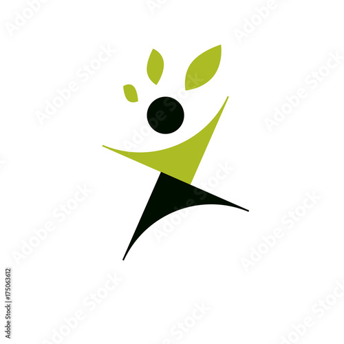 Vector illustration of excited abstract person with raised hands up. Go green idea creative logo. Vegetarian theme logotype. Wanderlust and countryside vacation icon.