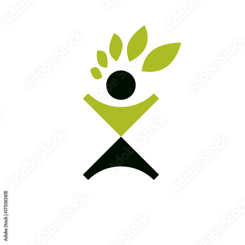 Vector illustration of excited abstract person with raised hands up. Go green idea creative logo. Ecotourism conceptual icon. Downshifting symbol.