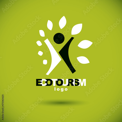 Vector illustration of joyful abstract individual with raised hands up. Ecotourism conceptual logo. Wellness and harmony symbolic symbol.