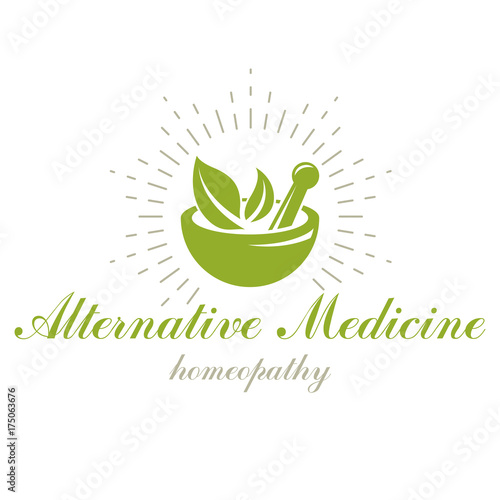 Mortar and pestle graphic vector symbol composed with green leaves. Homeopathy creative logo for use in medicine, rehabilitation or pharmacology.