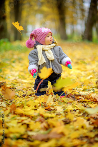 kid in a beautiful autumn park, stands and looks at the falling leaves