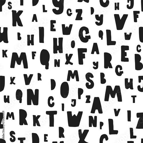 Hand drawn alphabet monochrome black and white letters seamless pattern. Ink sketch texture and background.