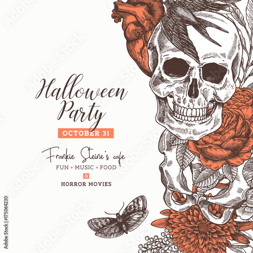 Halloween party design template. Vintage floral anatomy background. Vector illustration