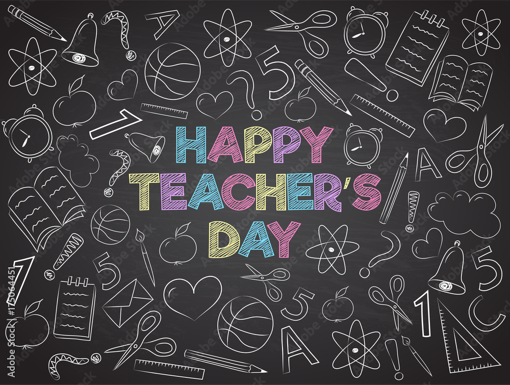 Happy Teacher's Day - banner with funny doodles on blackboard. Vector. Happy Teacher's Day - banner with funny doodles on blackboard. Vector.
