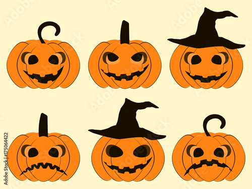 Halloween pumpkin set isolated on white background. Jack o lantern icons. Vector illustration