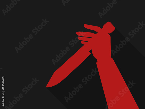 Hand holding a knife. Red outline in retro style, noir. Halloween background. Vector illustration