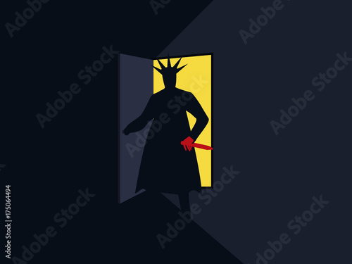 The murderer with the knife behind the door, the light from the open door. Nightmare. Halloween. Armed man retro poster. Vector illustration