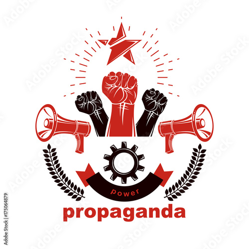 Vector leaflet created using clenched fists raised up, megaphones equipment and engineering cog wheel element. Dictatorship and manipulation theme, totalitarianism as the evil power.