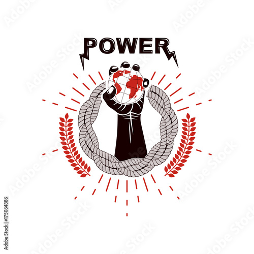 Vector logo composed using strong muscular raised arm surrounded by rope and holding Earth globe. Authority as the means of global control and manipulation.