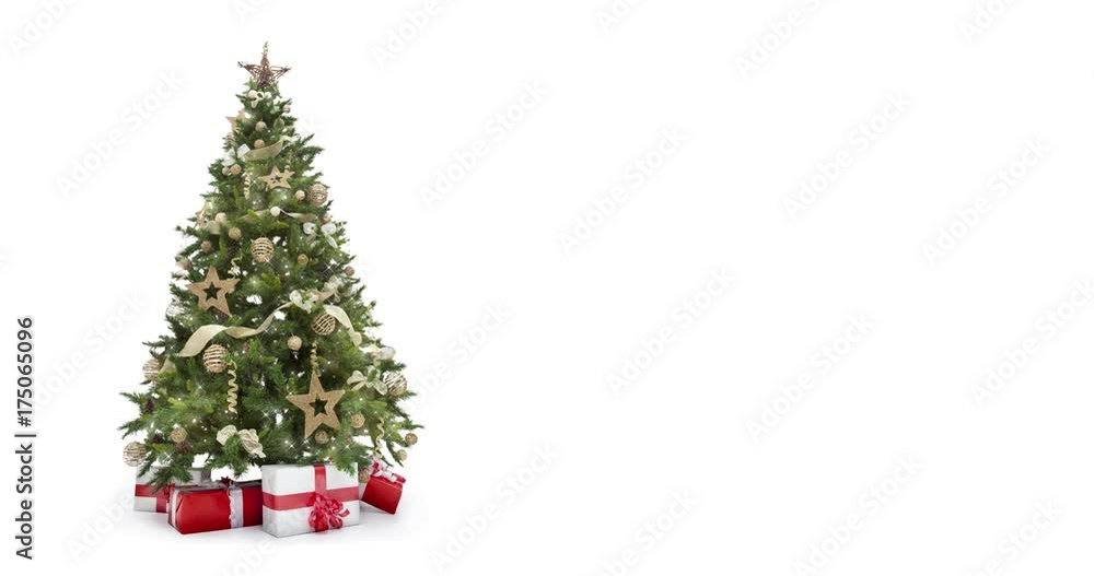 Looping lights decorated xmas tree with gift boxes on white background with text space to place logo or copy. Animated abstract Christmas present greeting post card. 4k seamless loop video