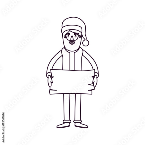 santa claus caricature full body holding a wooden piece with hat and costume silhouette on white background