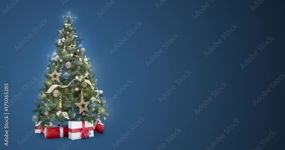 Looping lights decorated xmas tree with gift boxes on blue background with text space to place logo or copy. Animated abstract Christmas present greeting post card. 4k seamless loop video