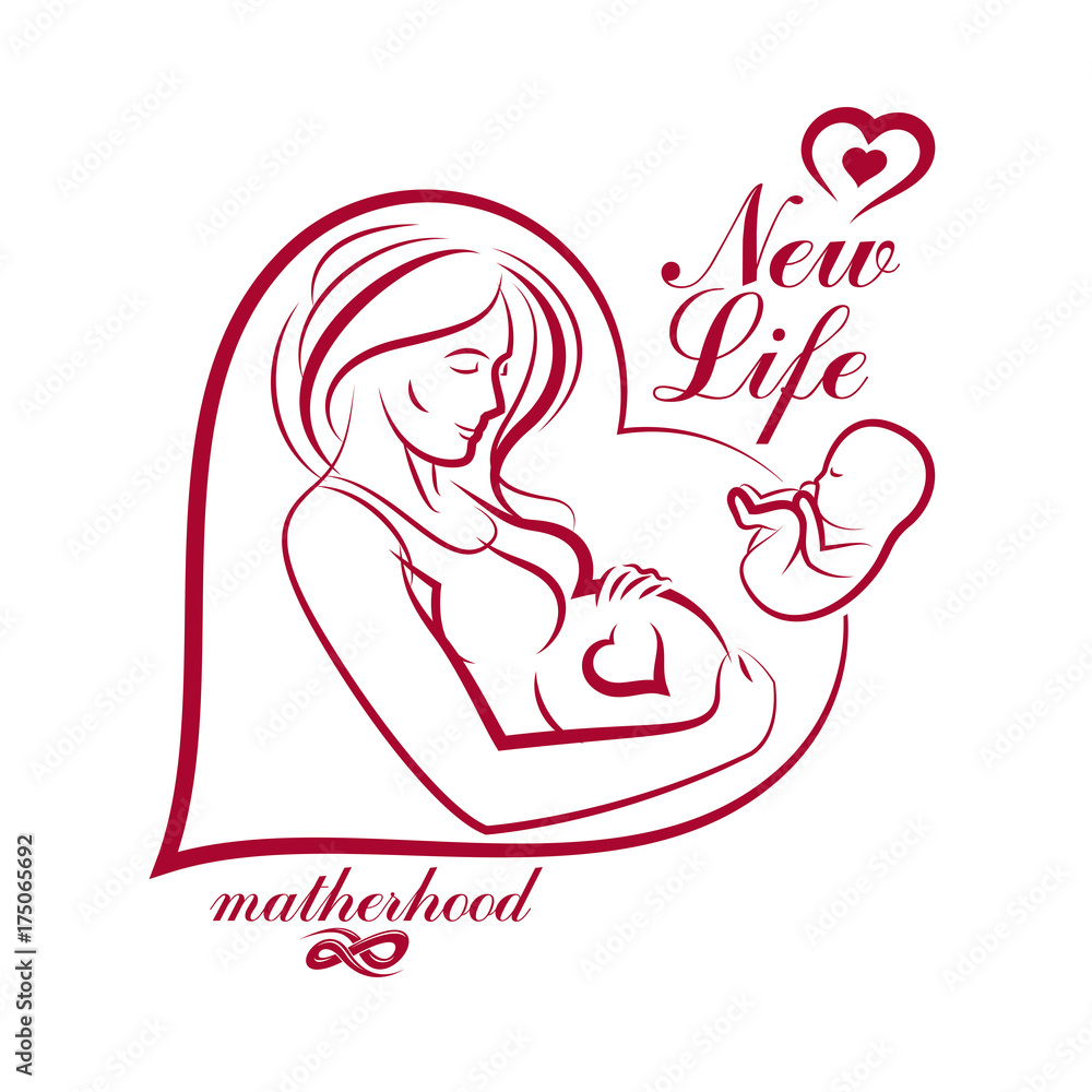 Fototapeta Elegant pregnant woman body silhouette drawing. Vector illustration of mother-to-be fondles her belly. Obstetrics and gynecology clinic advertising banner