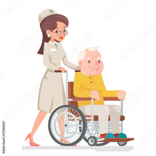 Cute Doctor Attendant Nurse Elderly Caring Wheelchair Old Man Character Sit Adult Icon Cartoon Design Vector Illustration