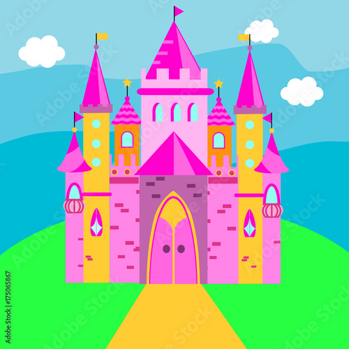 Fairy castle  Pink palace. Vector illustration for children  kids tales
