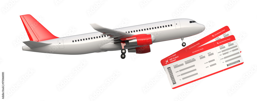 Obraz premium Side view of commercial airplane, airliner with two airline, air flight tickets . Passenger plane take Off, 3D rendering isolated on white background. With space for text.