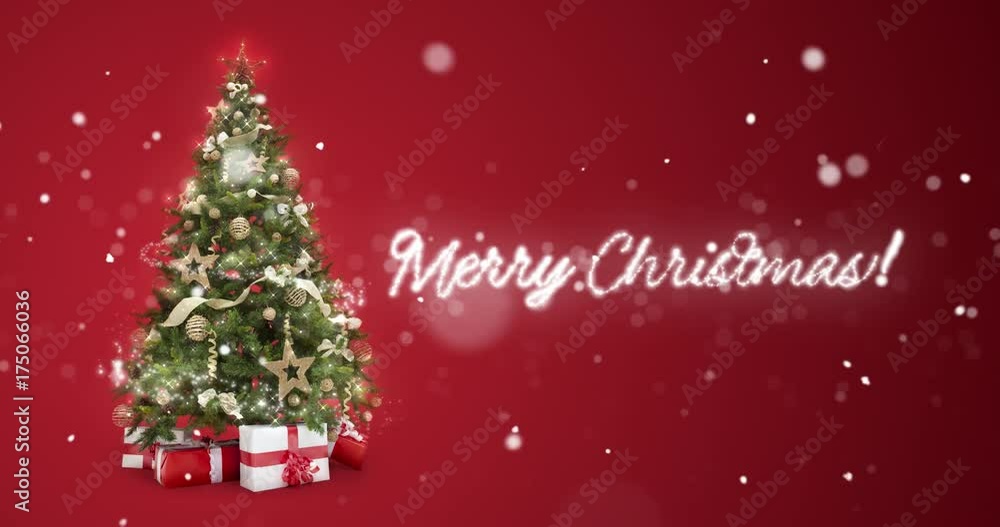 sparkling lights xmas tree and Merry Christmas greeting message in english on red background,snow flakes.Text space to place logo type or copy at the end.Animated Christmas present gift card 4k video sparkling lights xmas tree and Merry Christmas greeting message in english on red background,snow flakes.Text space to place logo type or copy at the end.Animated Christmas present gift card 4k video