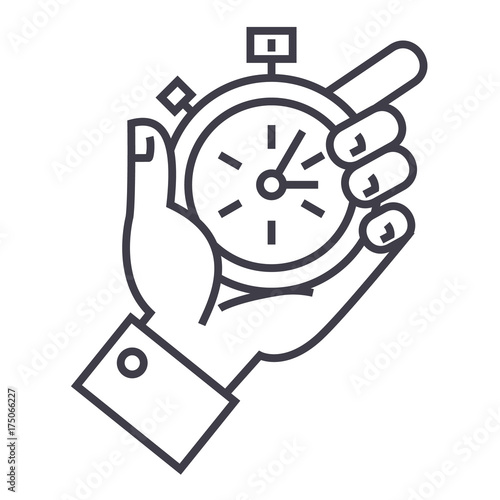 time management, stopwatch in hand vector line icon, sign, illustration on white background, editable strokes