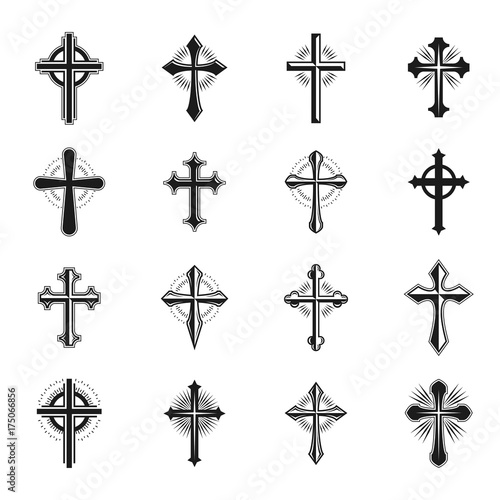 Crosses of Christianity Religion emblems set. Heraldic Coat of Arms decorative logos isolated vector illustrations collection.