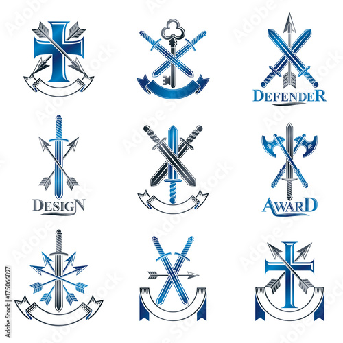 Vintage Weapon Emblems set. Vintage vector design elements collection. Retro style label, heraldry.