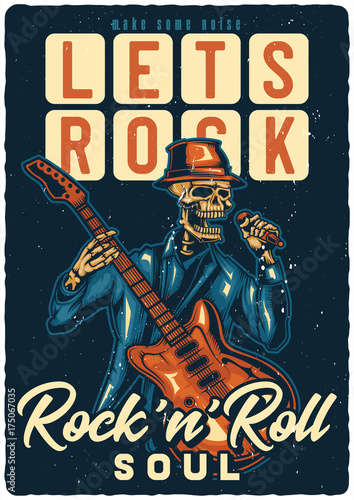 T-shirt or poster design with illustration of skeleton that singing and playing guitar. Raster copy.