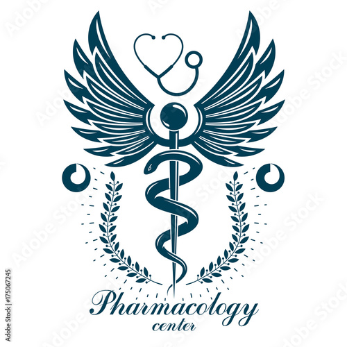 Aesculapius vector abstract business logo for use in medical treatment. Cardiovascular system diseases prevention conceptual emblem.