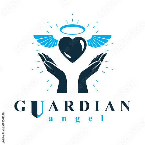 Loving heart in human hands, giving aid metaphor. Holy spirit graphic vector logo best for use in charity organizations. photo