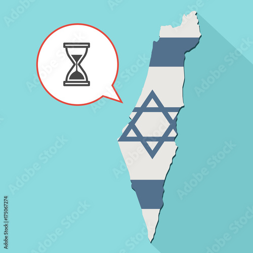 Animation of a long shadow Israel map with its flag and a comic balloon with a sand clock